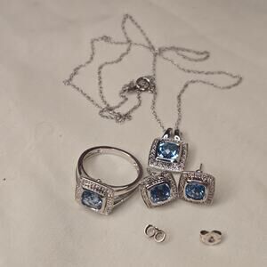 925 Sterling Silver Blue Topaz Jewelry Lot Necklace Earrings Ring Set